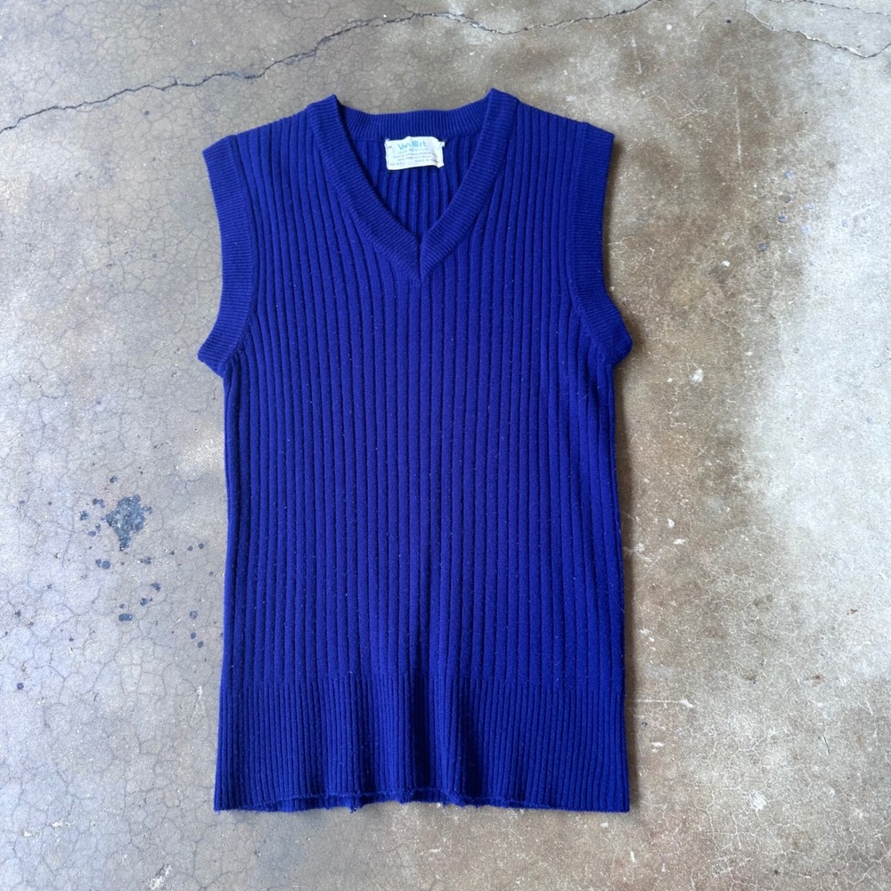 Van Cort Sweater Vest Women M Blue Excellent Vintage Ribbed V-Neck Knit Top